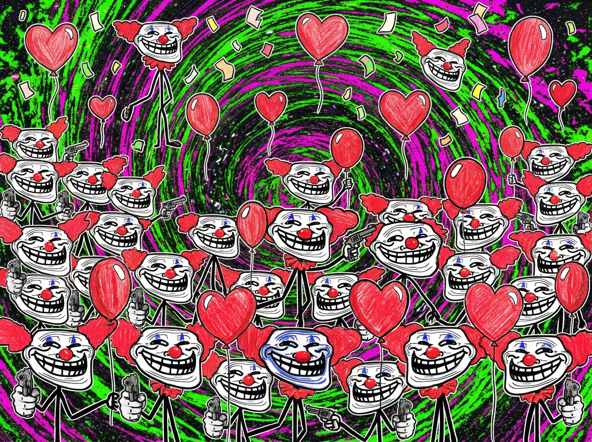 Interdimensional clown circus tent under a swirling cosmic sky