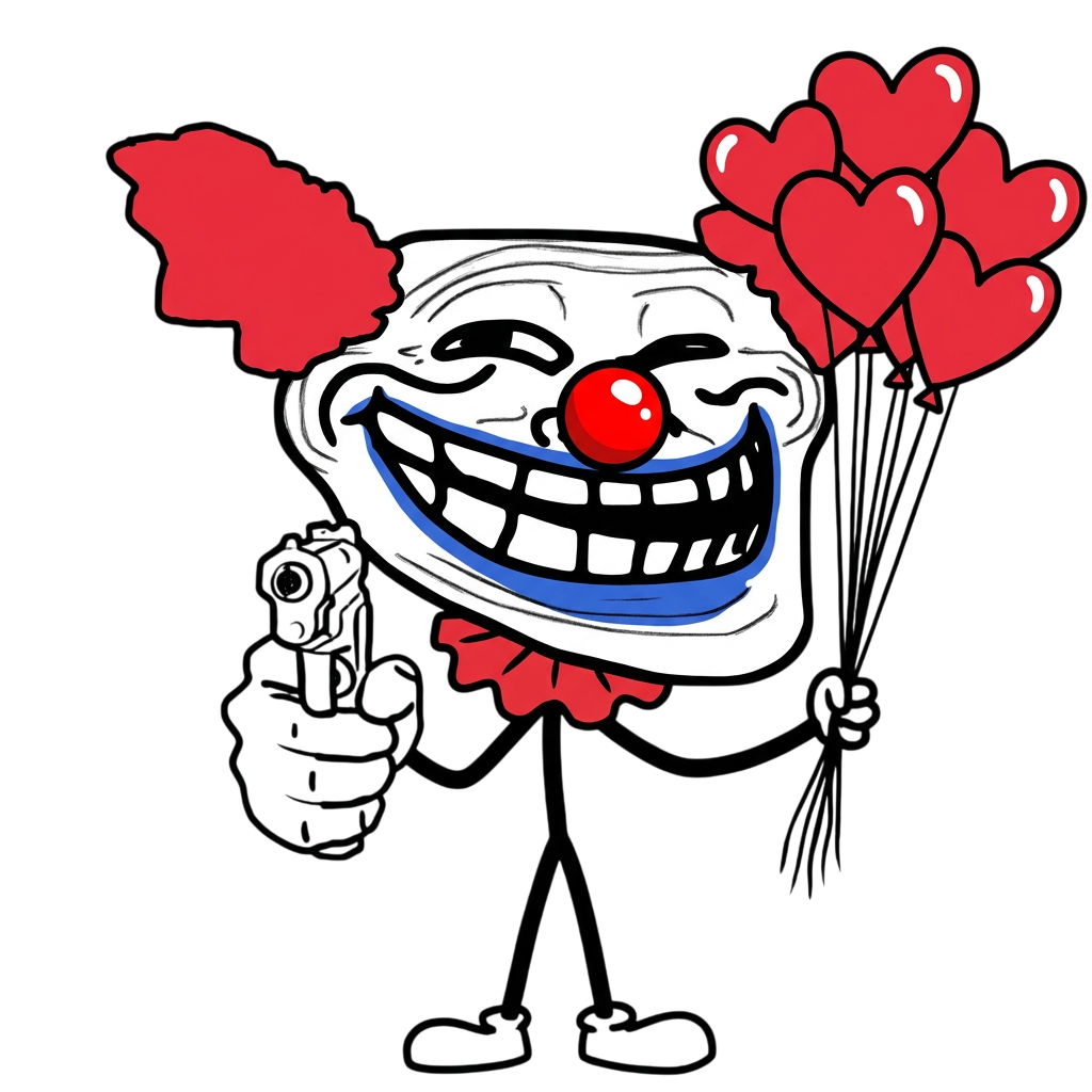 The Clownface mascot โ the trollface meme reborn as a cosmic clown with rainbow wig, red nose, and juggling pies